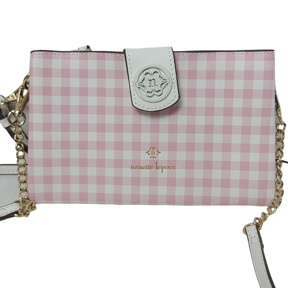 Nanette Lepore Plaid Pink White Crossbody Wristlet Bag - Picture 2 of 12